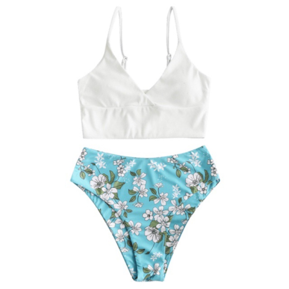 Ribbed Flower Floral White Bikini/tankini -L - 2pc